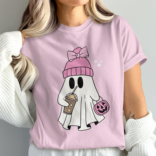 Cute Pink Ghost with Coffee Halloween T-Shirt product type