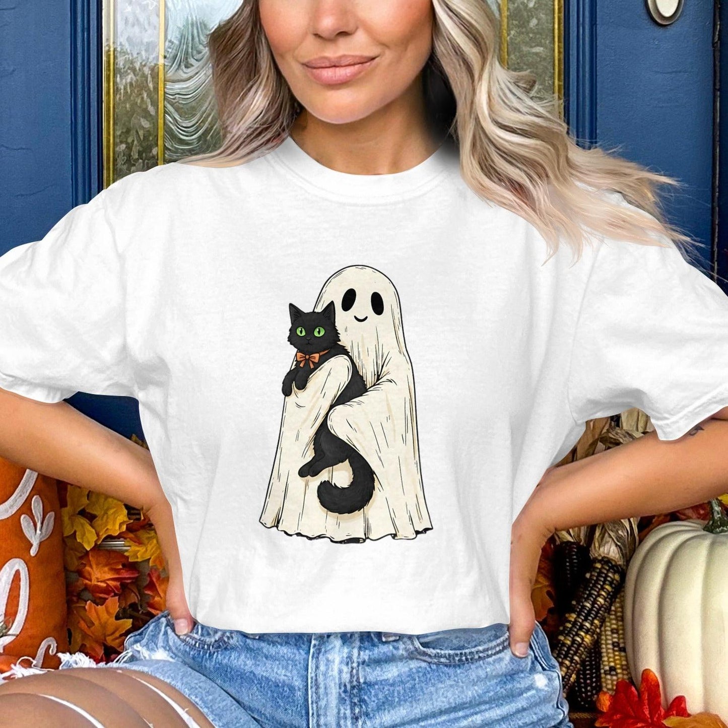 Halloween Ghost Holding Cat Graphic T-Shirt product type