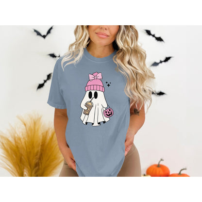 Cute Ghost With Coffee And Donut Design T-shirt product type