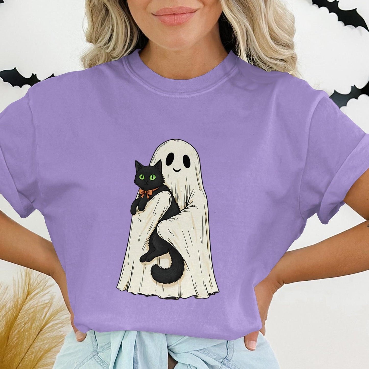 Halloween Ghost with Black Cat Graphic Tshirt product