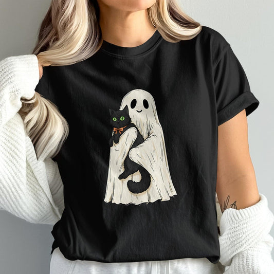 Cute Ghost and Black Cat Halloween Themed Shirt product type