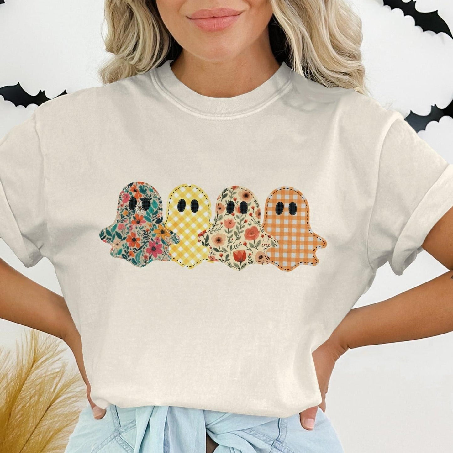 Colorful Plaid Ghosts Graphic Halloween T-shirt product type