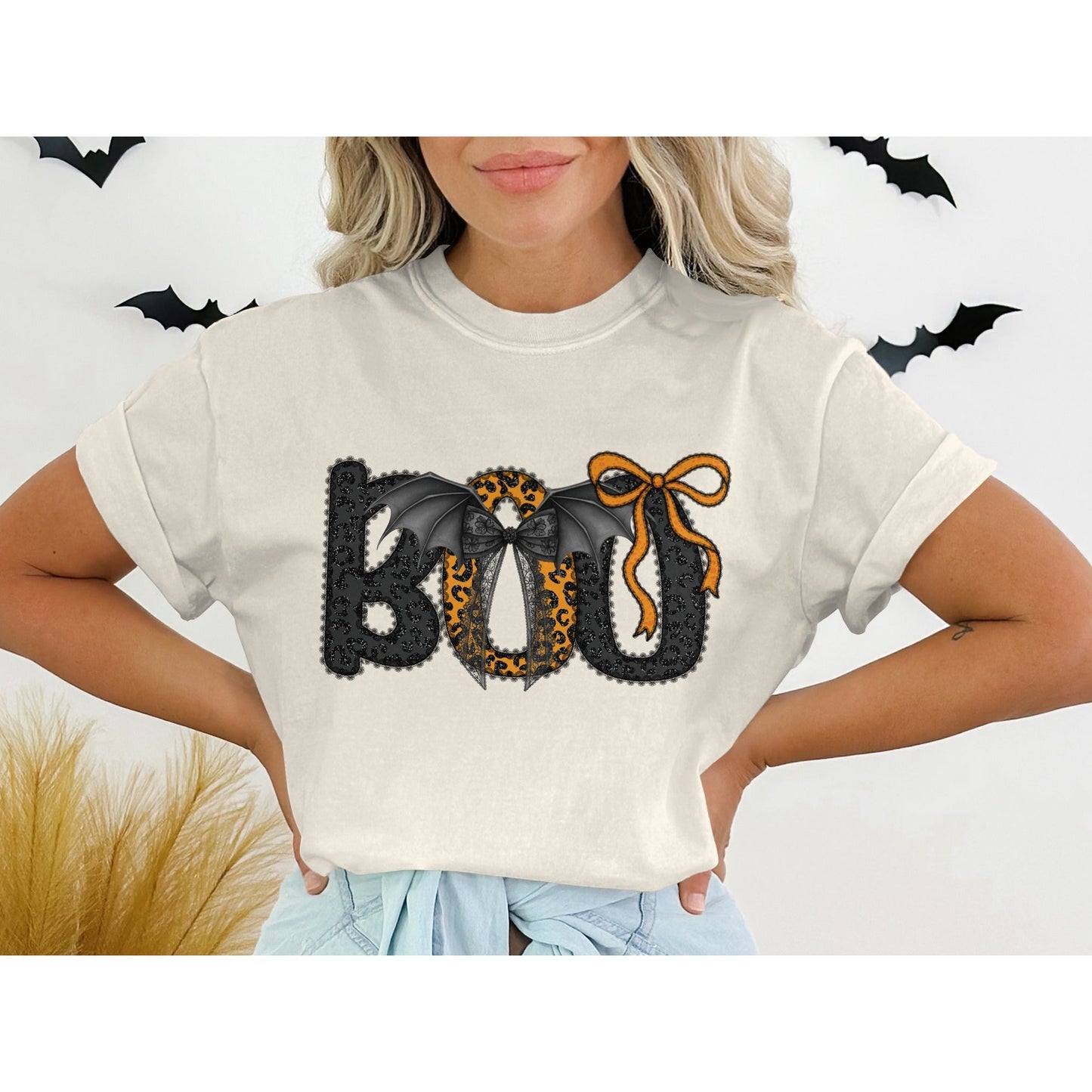 Boo Bat and Bow Graphic Halloween Themed Shirt product