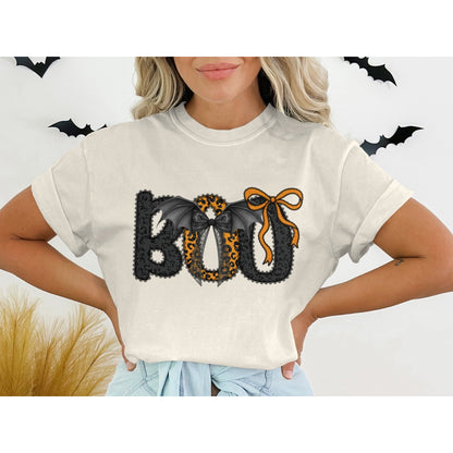 Boo Bat and Bow Graphic Halloween Themed Shirt product