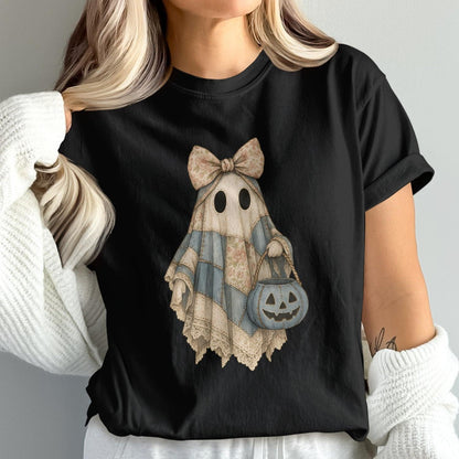 Cute Ghost Holding Pumpkin Black T-shirt product
