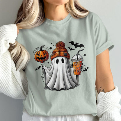 Cute Ghost With Pumpkin Hat Holding Drink product type