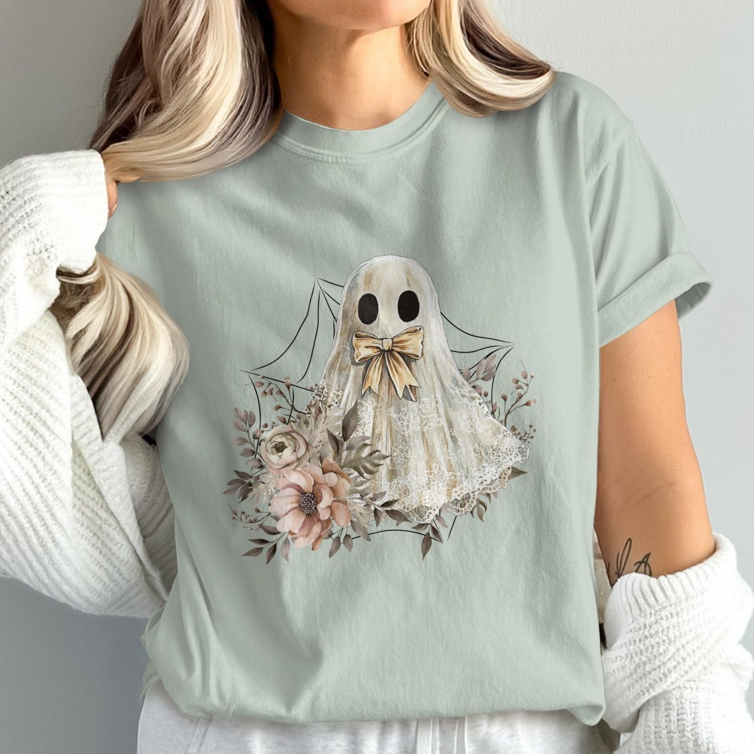 Cute Ghost Floral Graphic Teal Shirt product type
