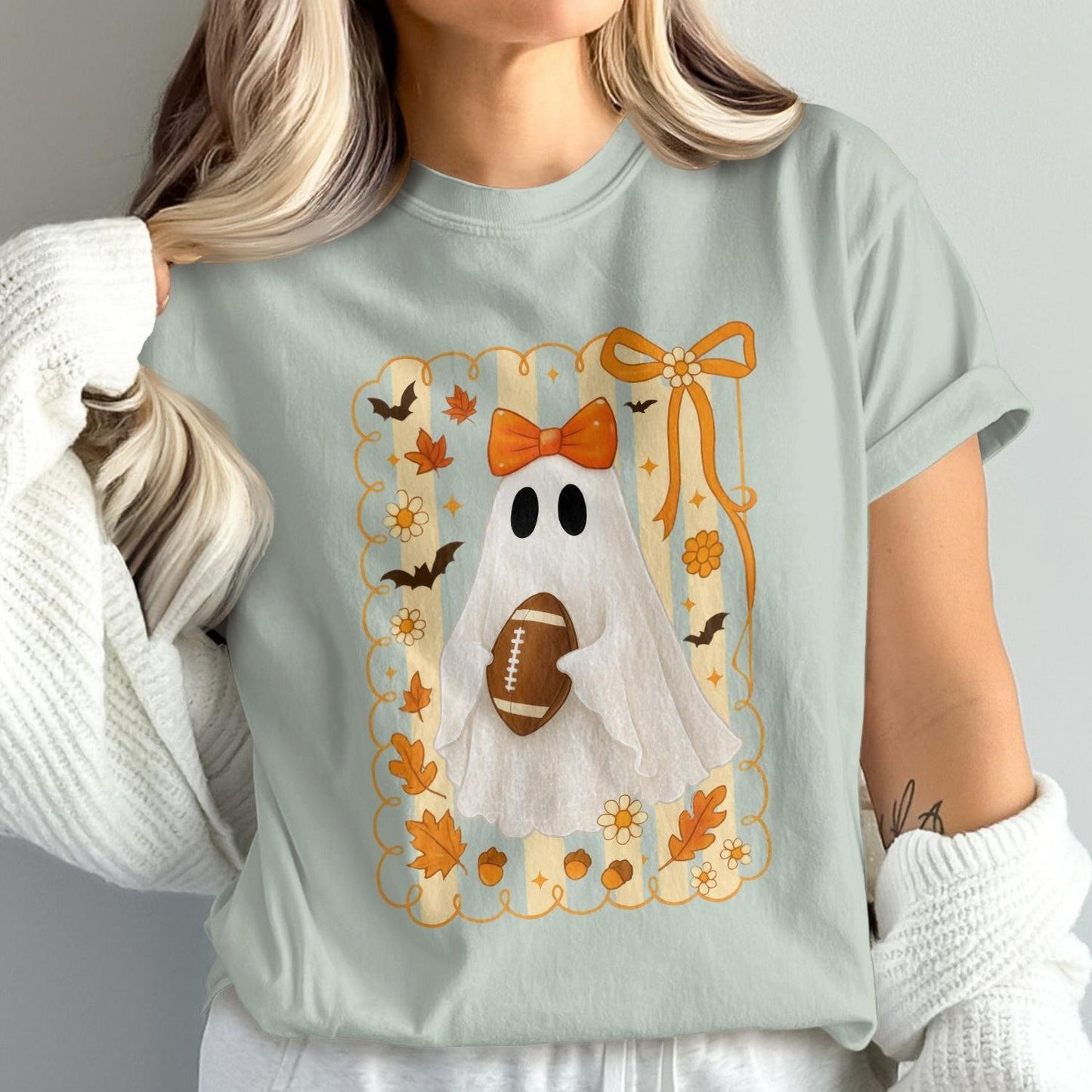 Cute Ghost with Football Halloween Graphic Tee product type