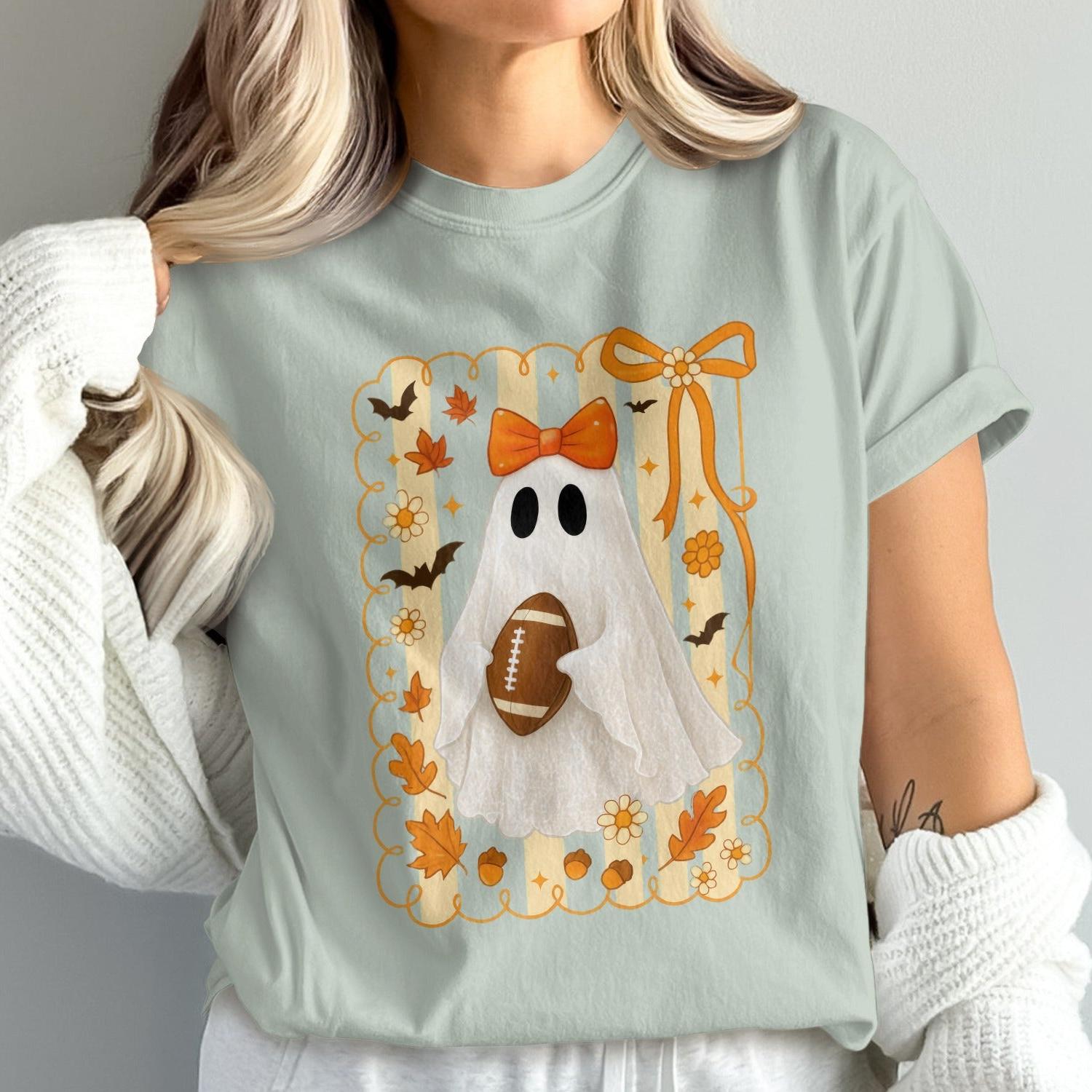 Cute Ghost with Football Halloween Graphic Tee product type