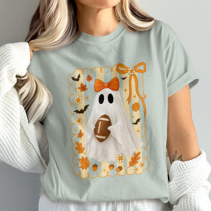 Cute Ghost with Football Halloween Graphic Tee product type