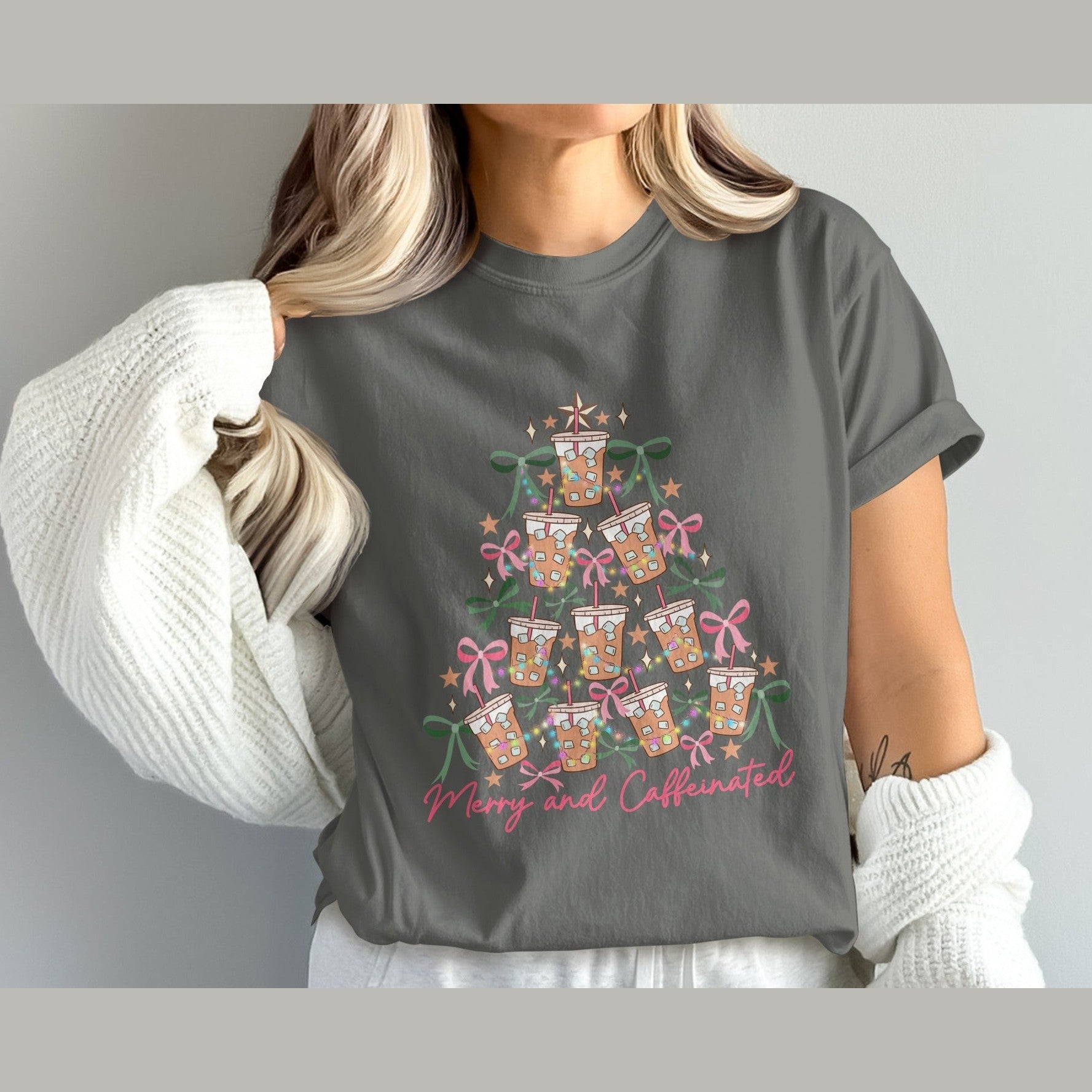 Merry and Caffeinated Christmas Tree Shirt product type
