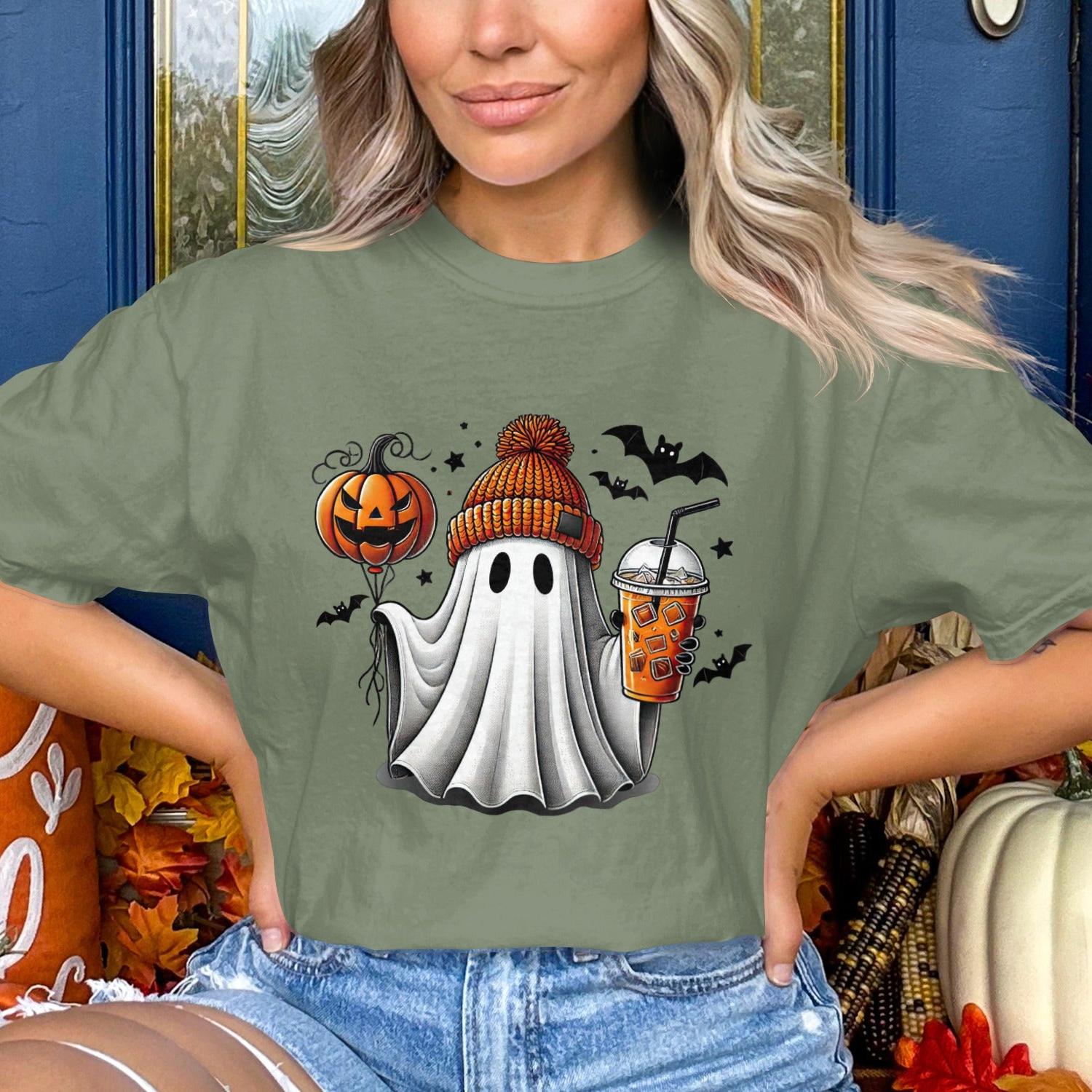 Halloween Ghost with Pumpkin and Drink T-shirt product type