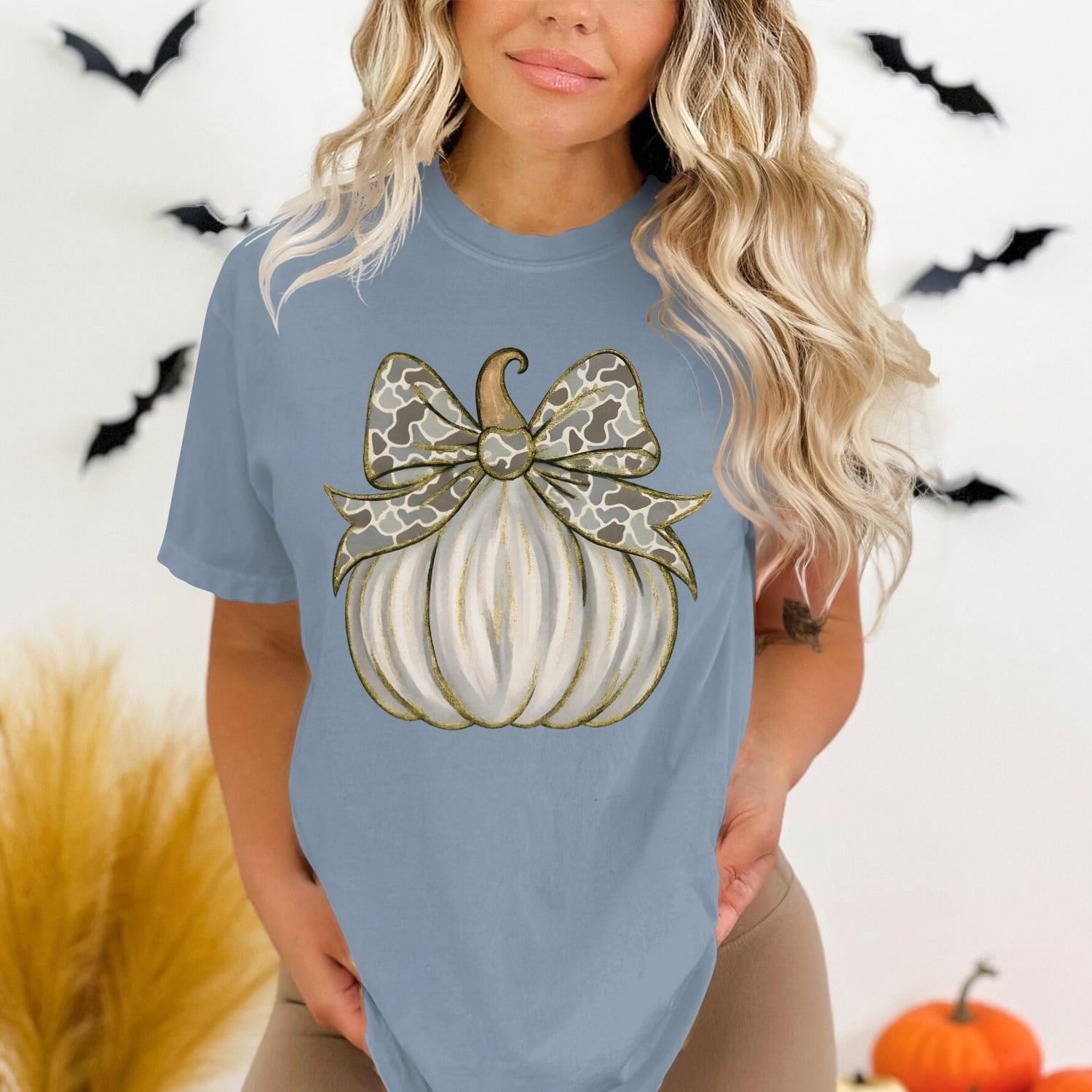 Blue T-Shirt with Bow Decorated Pumpkin Design product