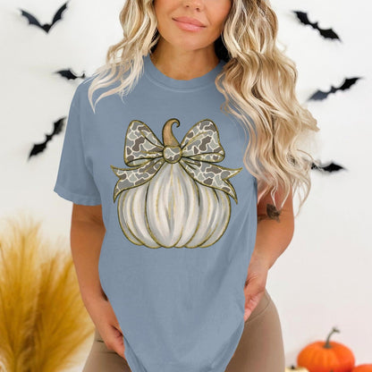 Blue T-Shirt with Bow Decorated Pumpkin Design product