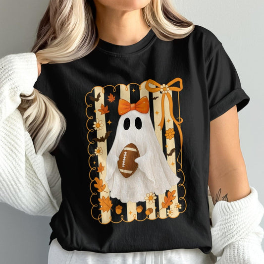 Halloween Ghost Holding Football Graphic Tee product