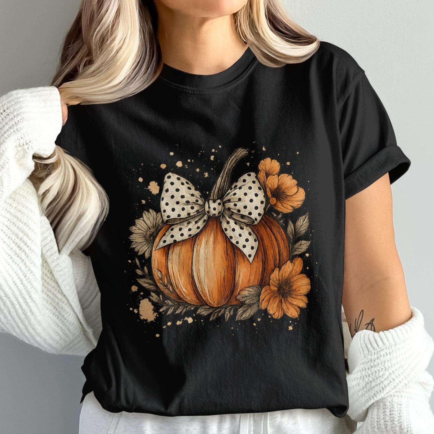 Pumpkin Bow Flowers Pattern Graphic T-shirt product type