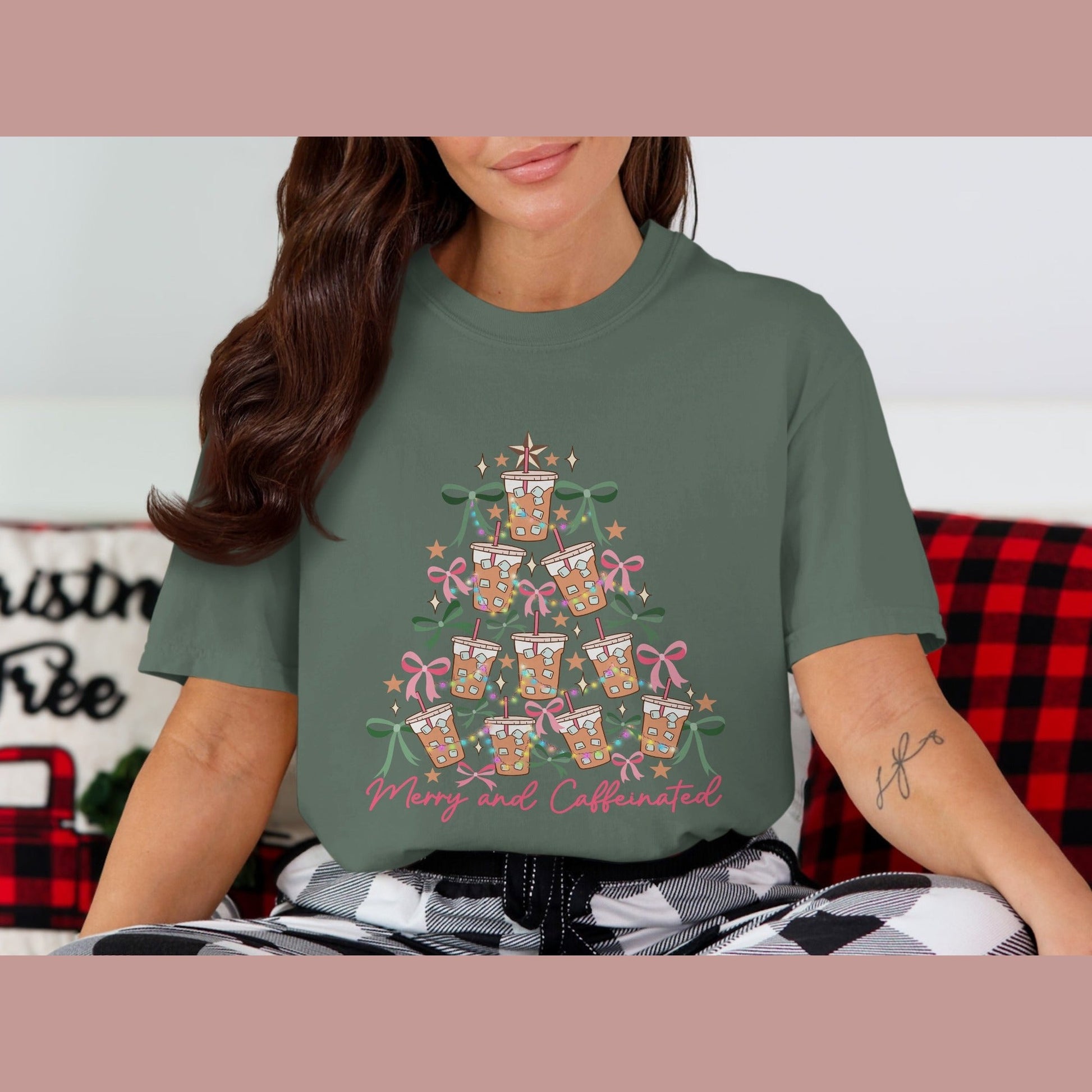 Merry and Caffeinated Christmas Tree Shirt product type
