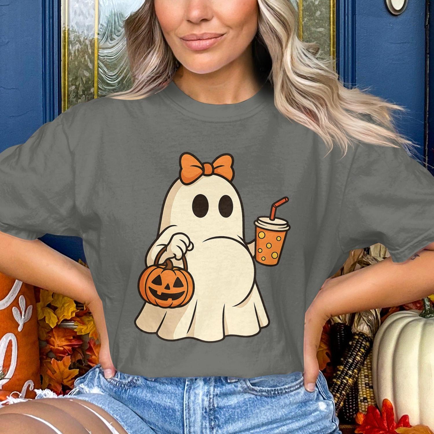 Cute Halloween Ghost with Pumpkin and Drink product type