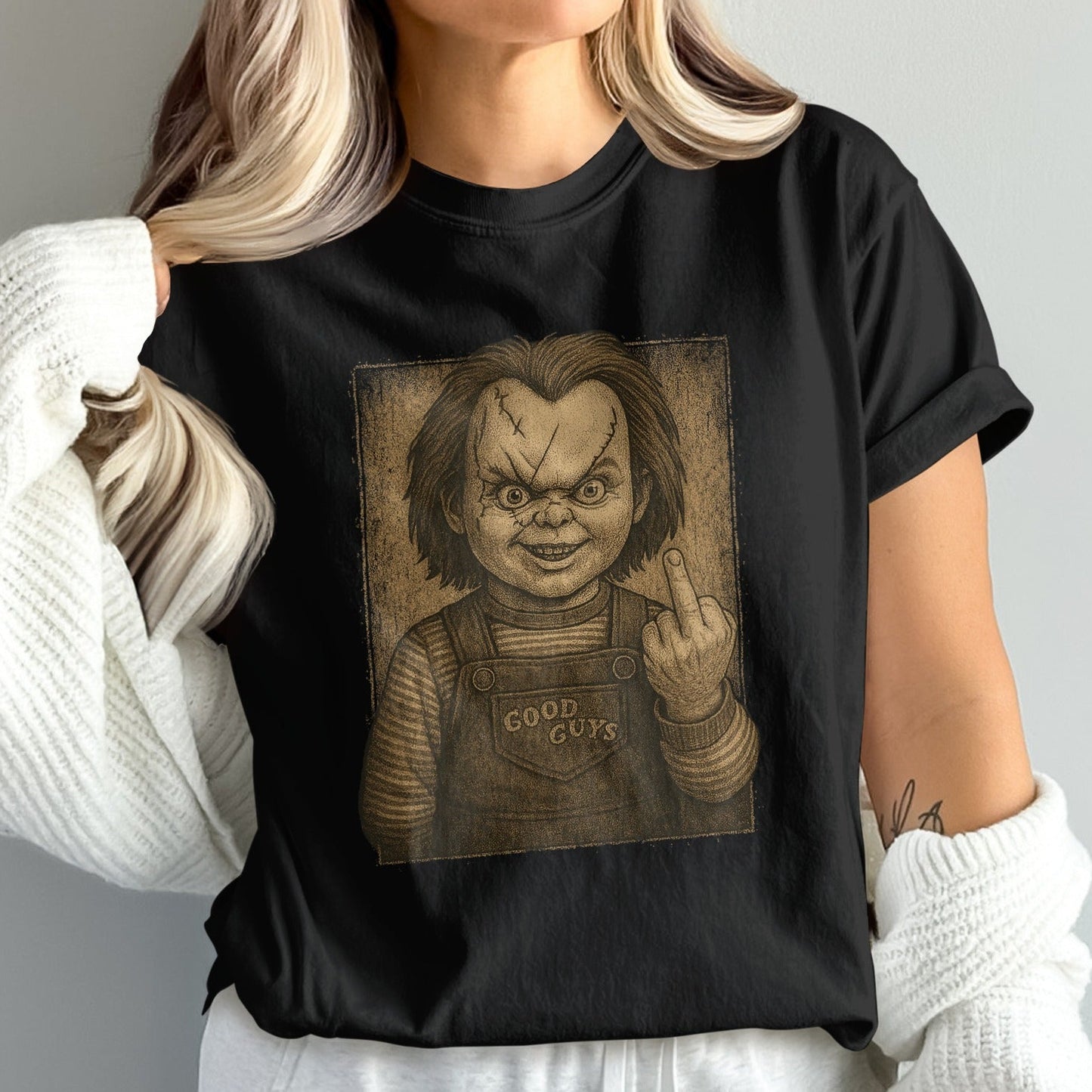 Chucky with Good Guys Overalls Horror Graphic Shirt product type