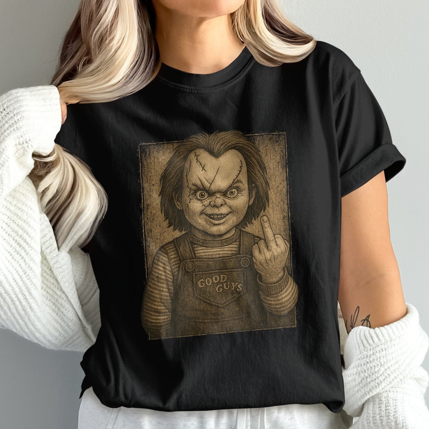 Chucky with Good Guys Overalls Horror Graphic Shirt product type