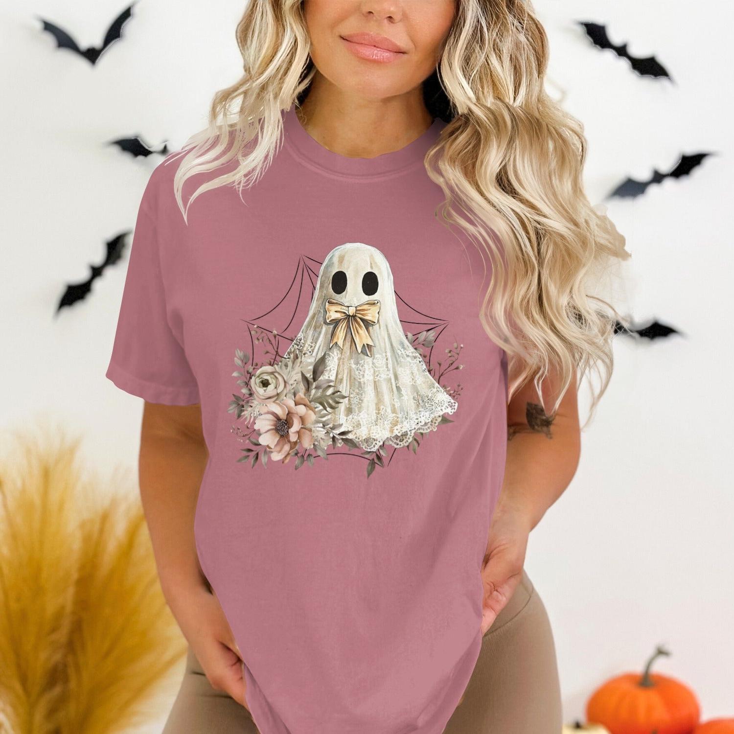 Floral Ghost Graphic on Pink Halloween T-Shirt product