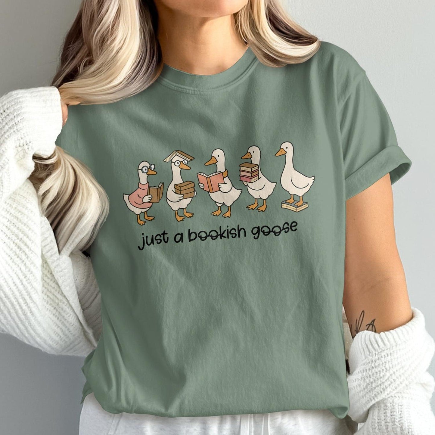 Cute Just a Bookish Goose Green Graphic Tee product