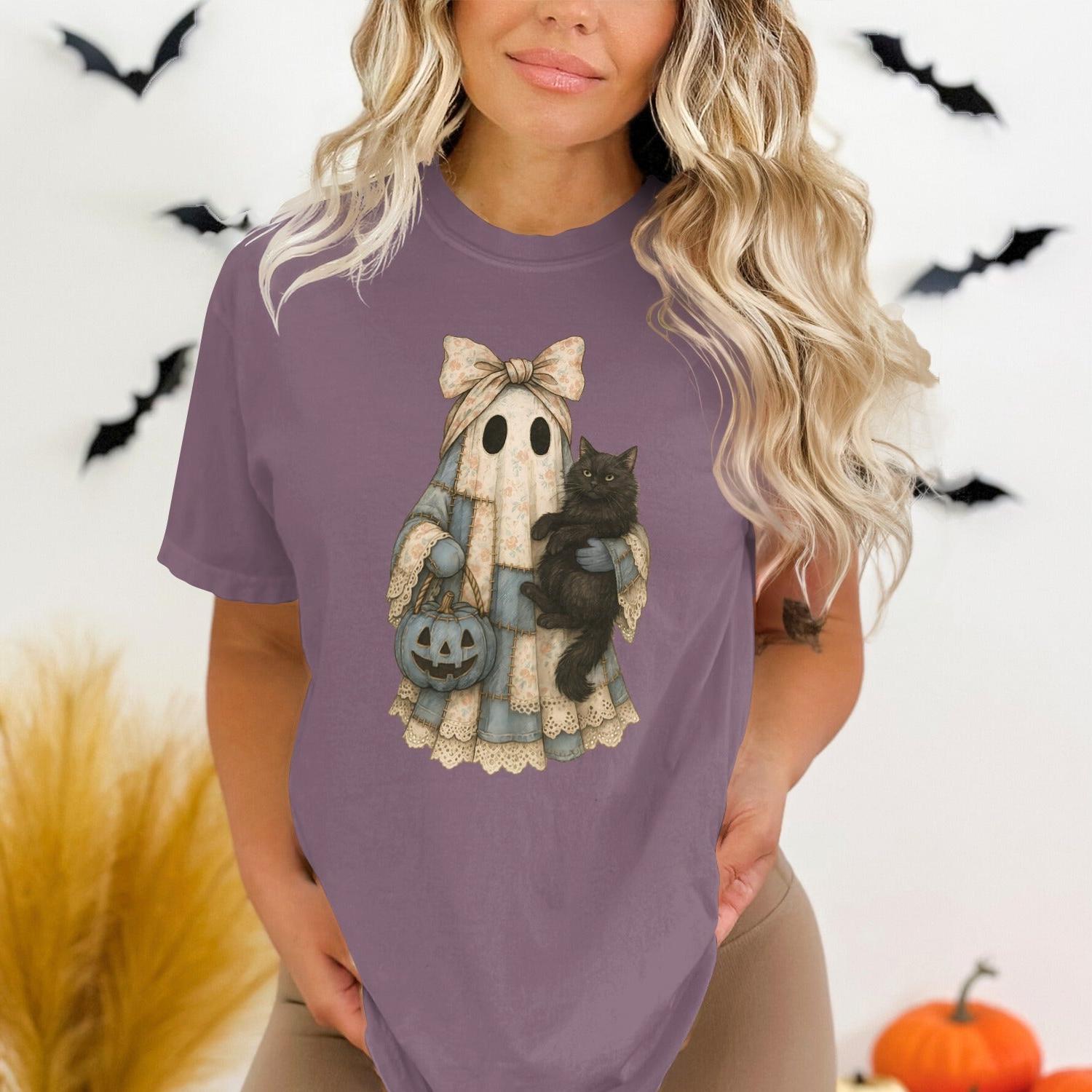 Cute Halloween Ghost Holding Black Cat T-Shirt product