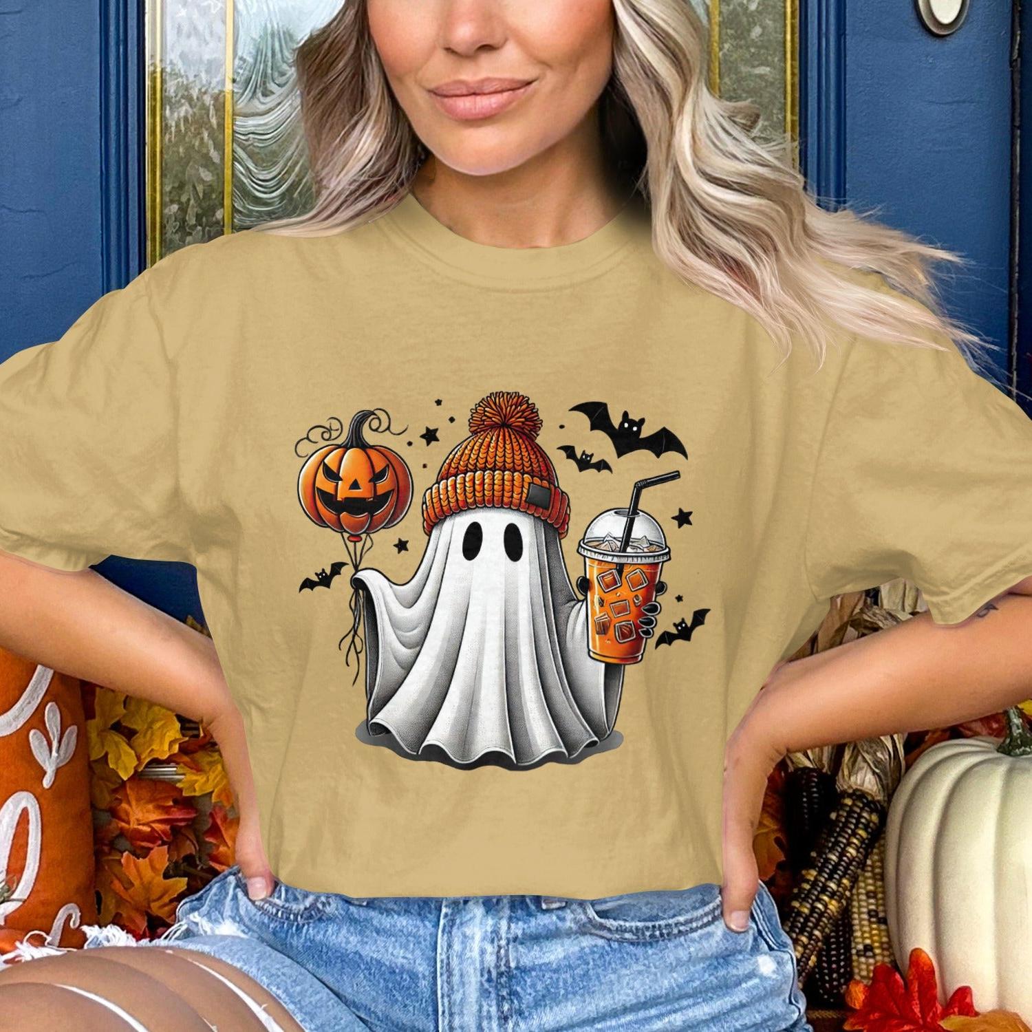 Cute Ghost with Pumpkin and Drink T-shirt product