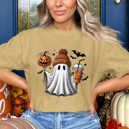Cute Ghost with Pumpkin and Drink T-shirt product
