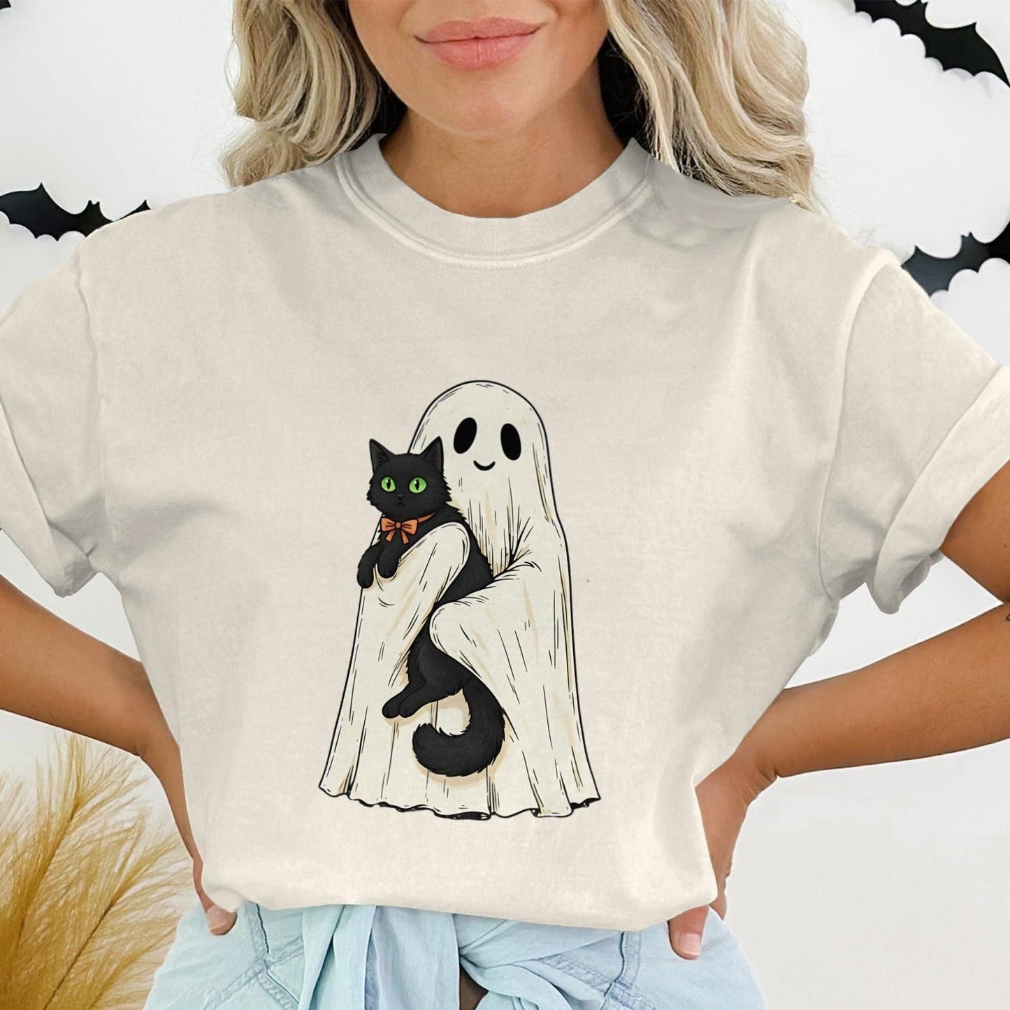 Cute Ghost Holding Black Cat Halloween T-Shirt product type