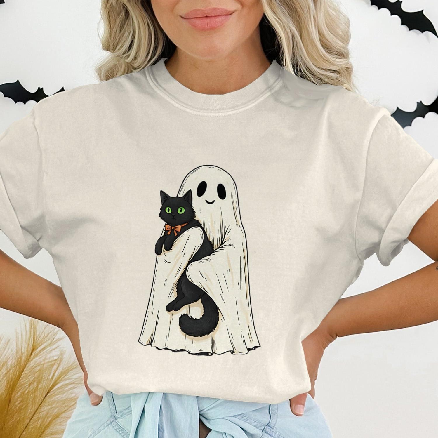 Cute Ghost Holding Black Cat Halloween T-Shirt product type