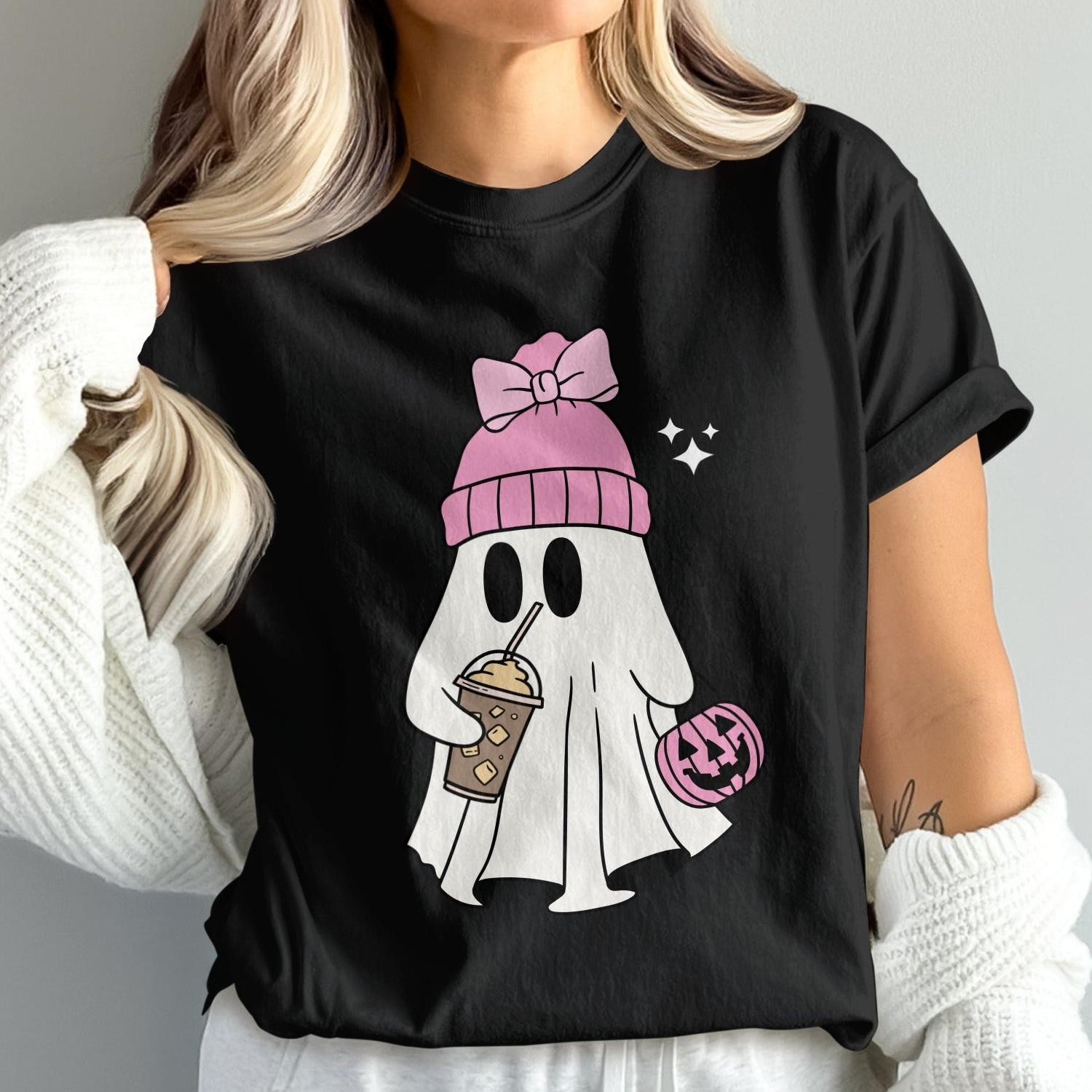 Adorable Ghost Graphic Tee with Pink Bow product type