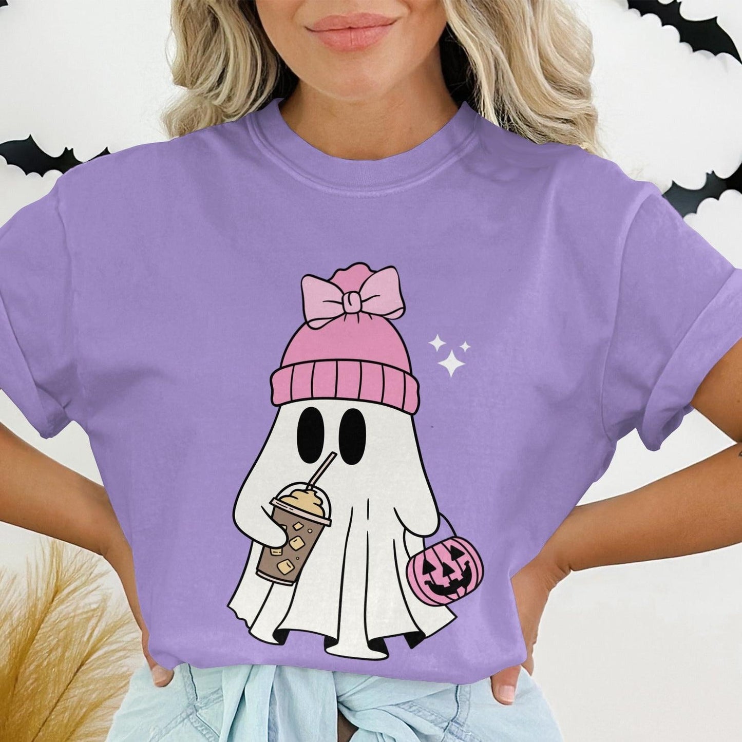 Cute Ghost with Pink Beanie Printed T-Shirt product