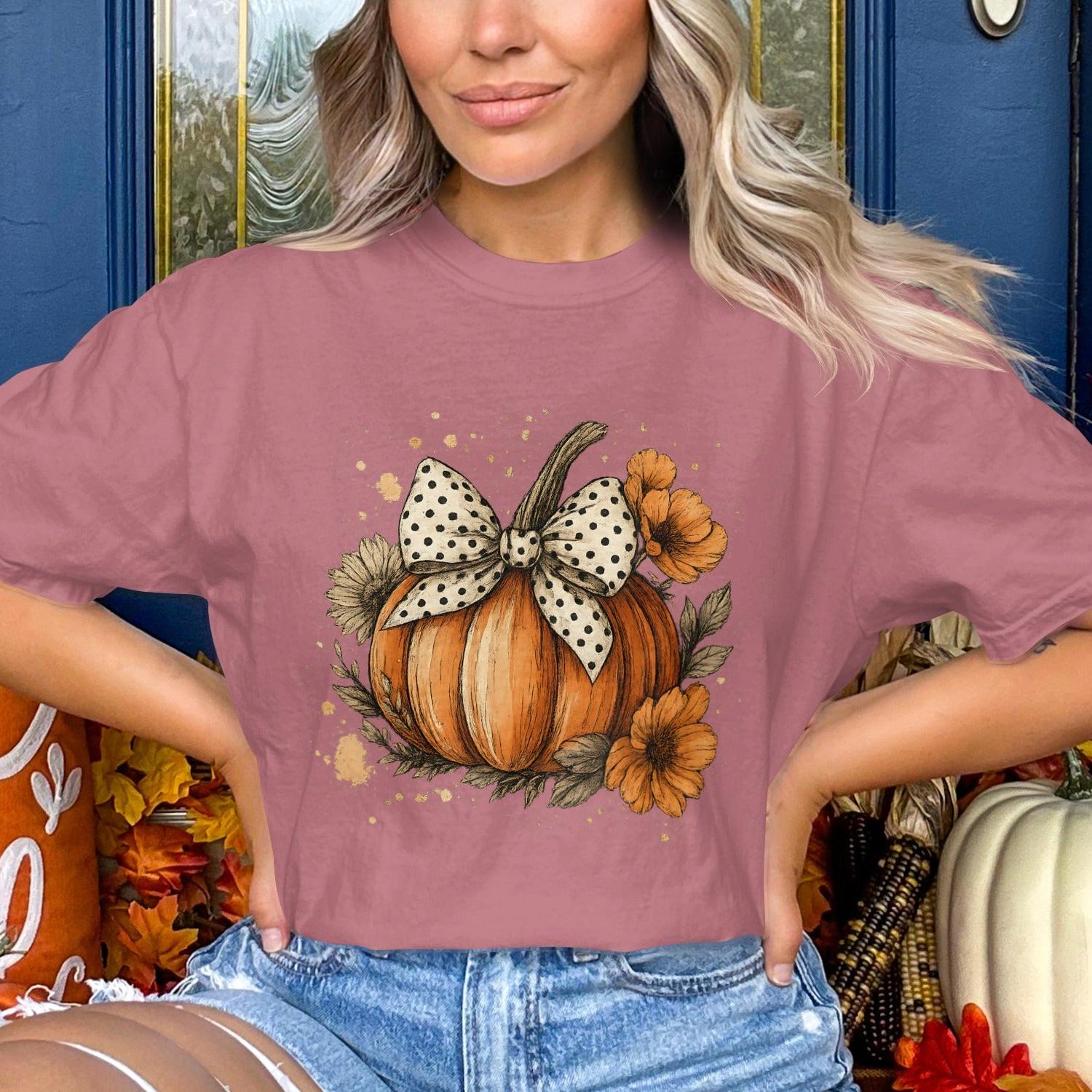 Fall Pumpkin and Polka Dot Bow T-Shirt product type