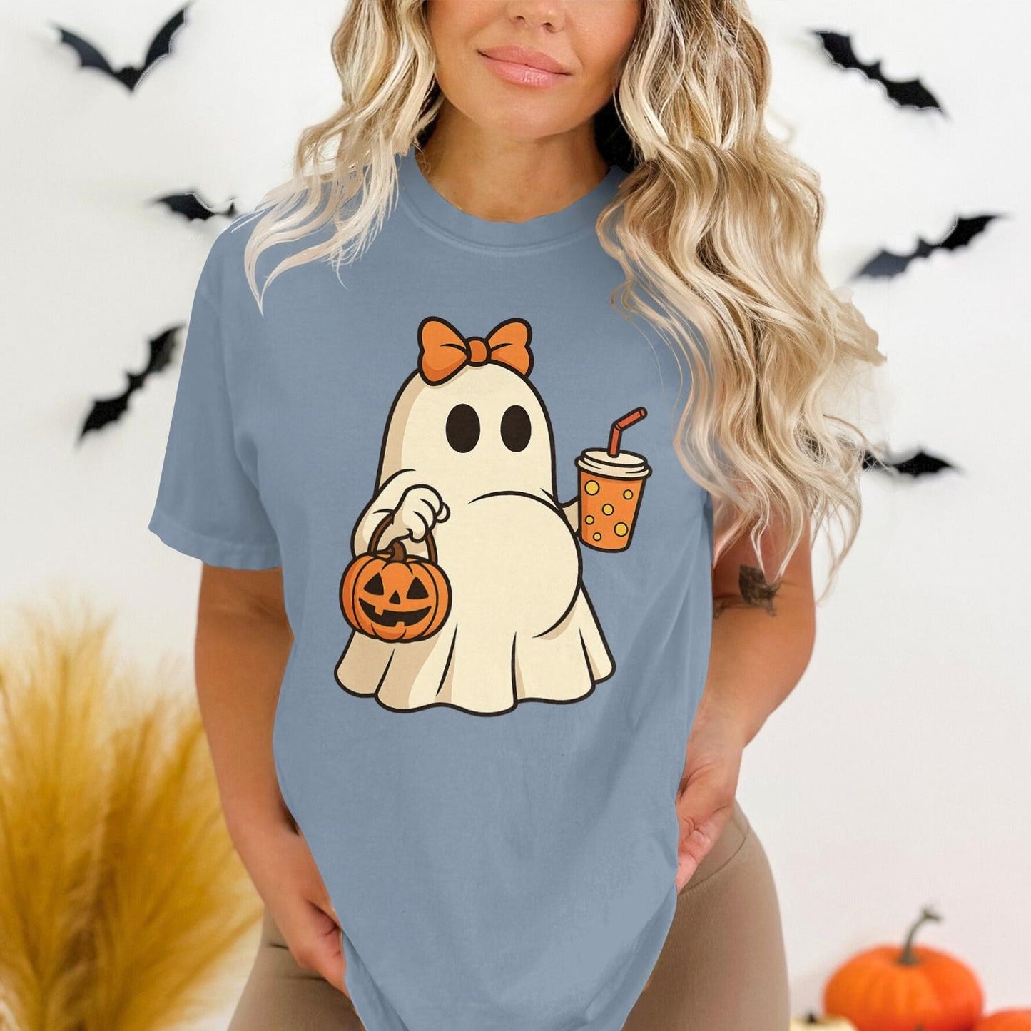 Cute Ghost with Orange Bow on Casual T-shirt Product Type