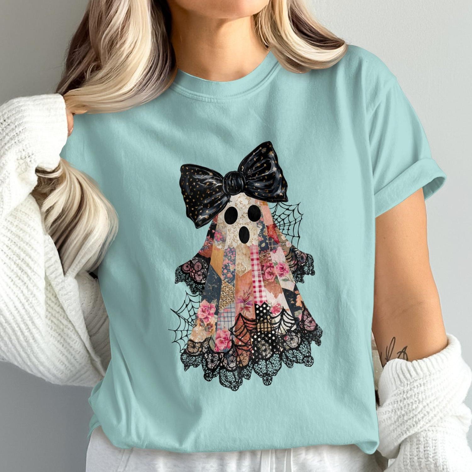 Cute Floral Ghost Graphic Halloween Themed T-Shirt product type