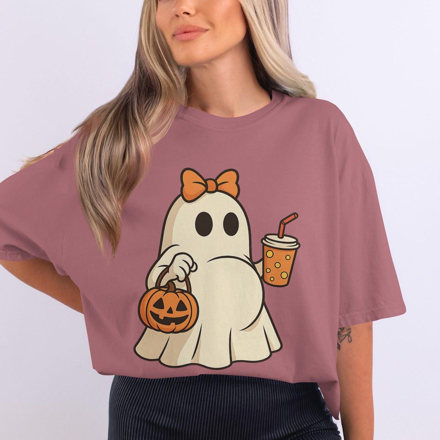 Cute Ghost With Pumpkin And Drink Graphic T-shirt