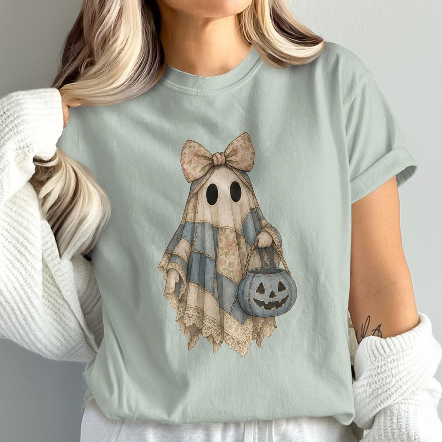 Cute Ghost Patchwork Shirt Halloween Apparel product type