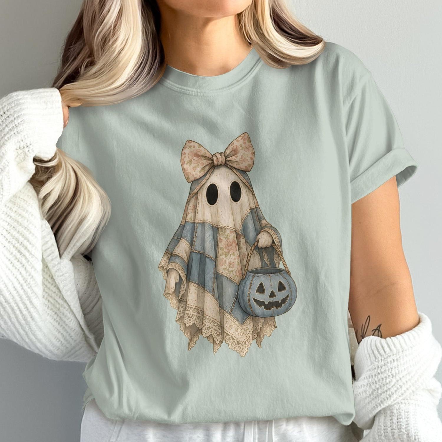 Cute Ghost Patchwork Shirt Halloween Apparel product type