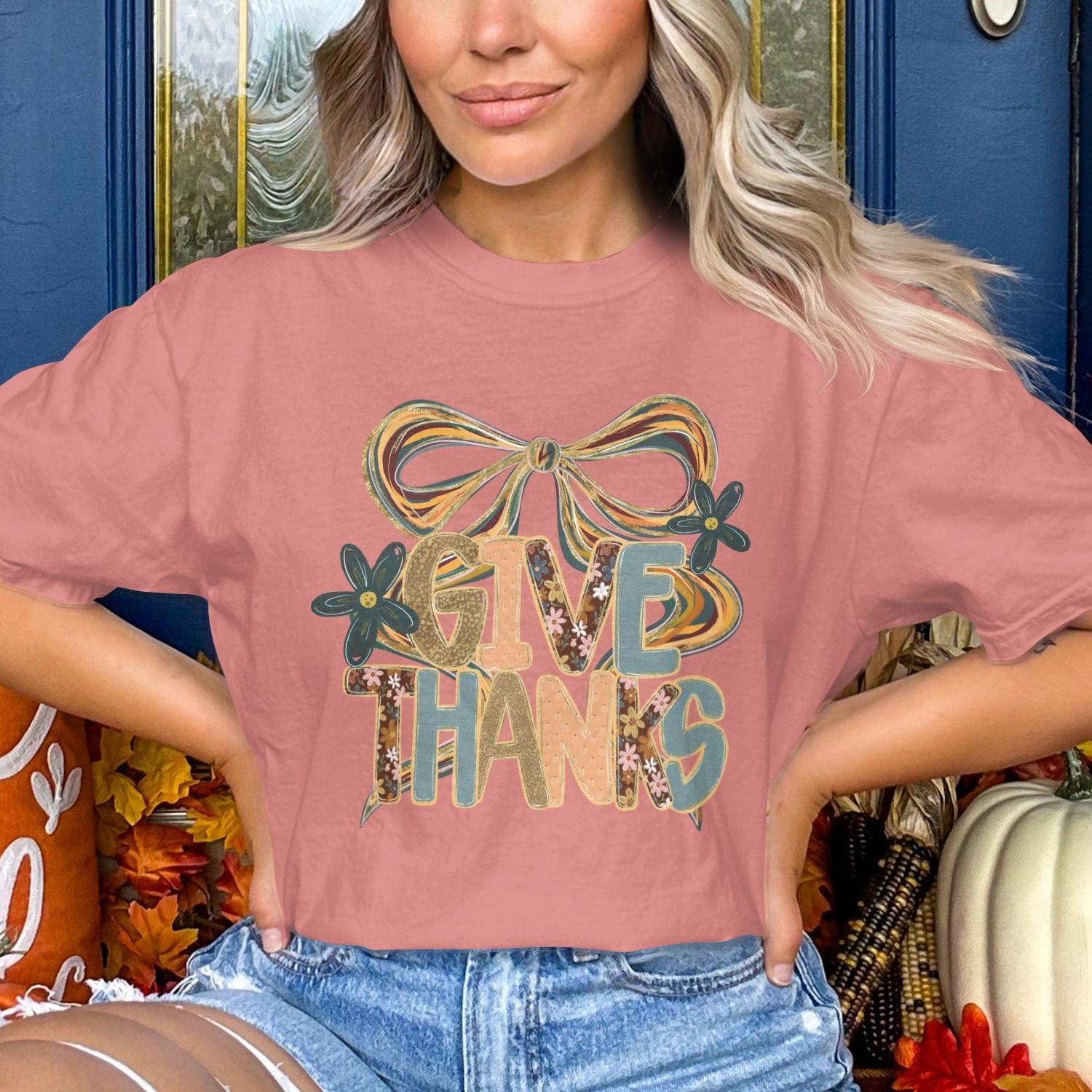 GIVE THANKS Shirt Woman Wearing Festive Top product