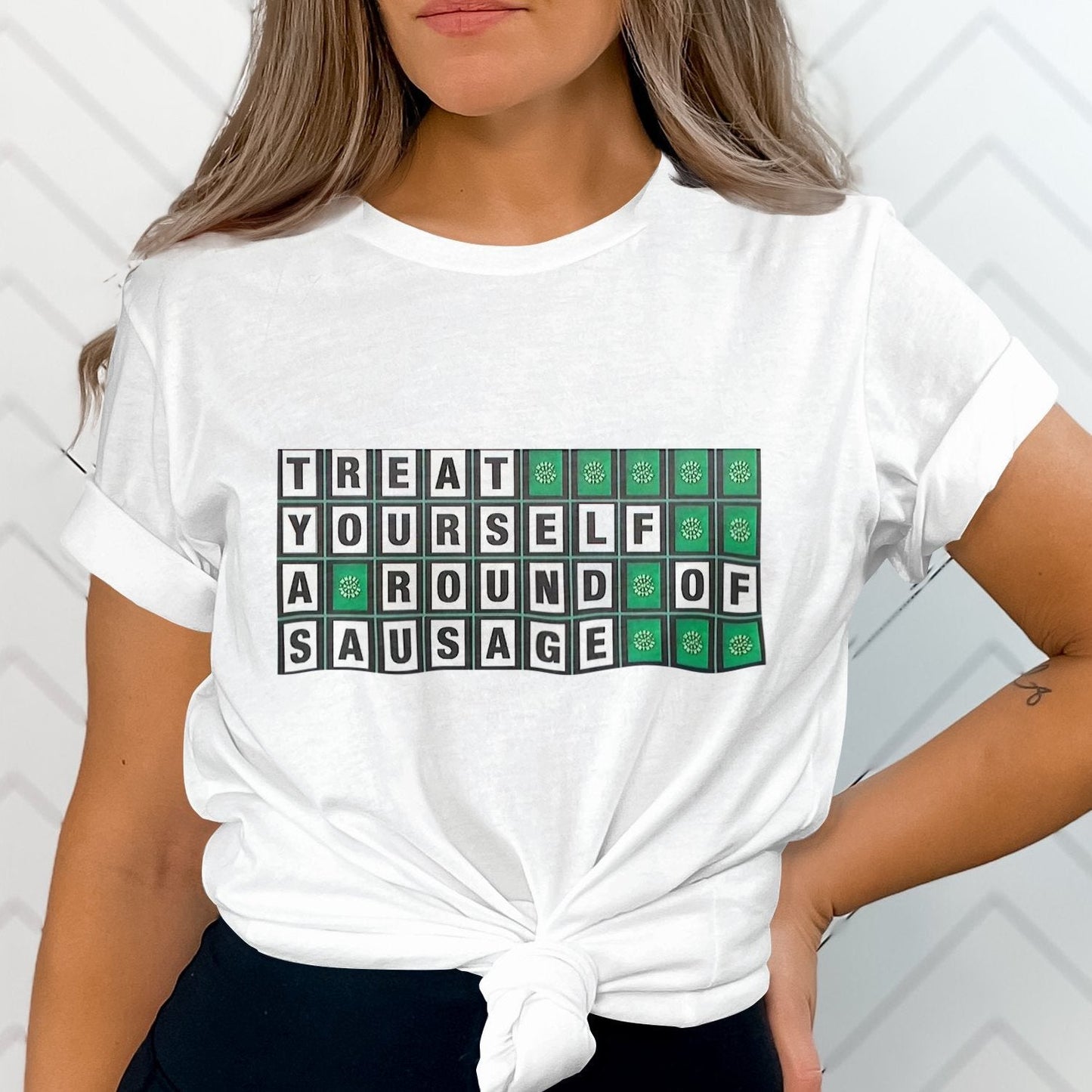 Wheel of Fortune 'Treat Yourself A Round Of Sausage' Funny Viral Wheel of Fortune Answer Adult Unisex Crewneck T-Shirt