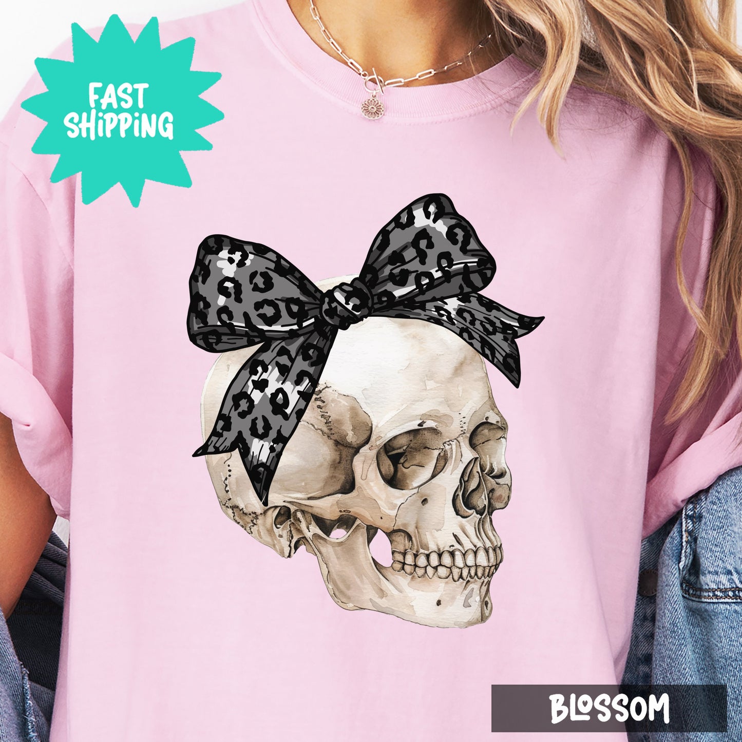 Leopard Print Bow Skull Womens Tshirt