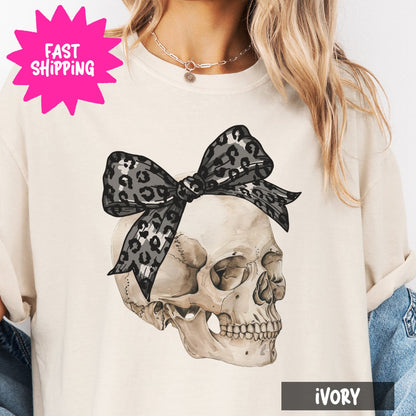 Leopard Print Bow Skull Womens Tshirt