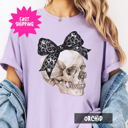 Leopard Print Bow Skull Womens Tshirt