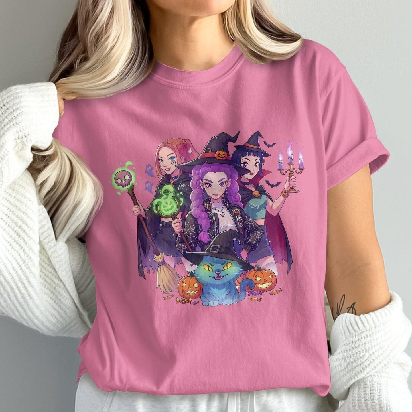 Three Witches Pink Graphic Halloween T-Shirt product