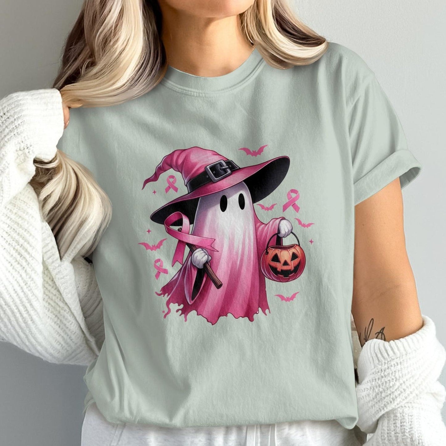 Pink Witchy Ghost with Pumpkin Halloween T-shirt product