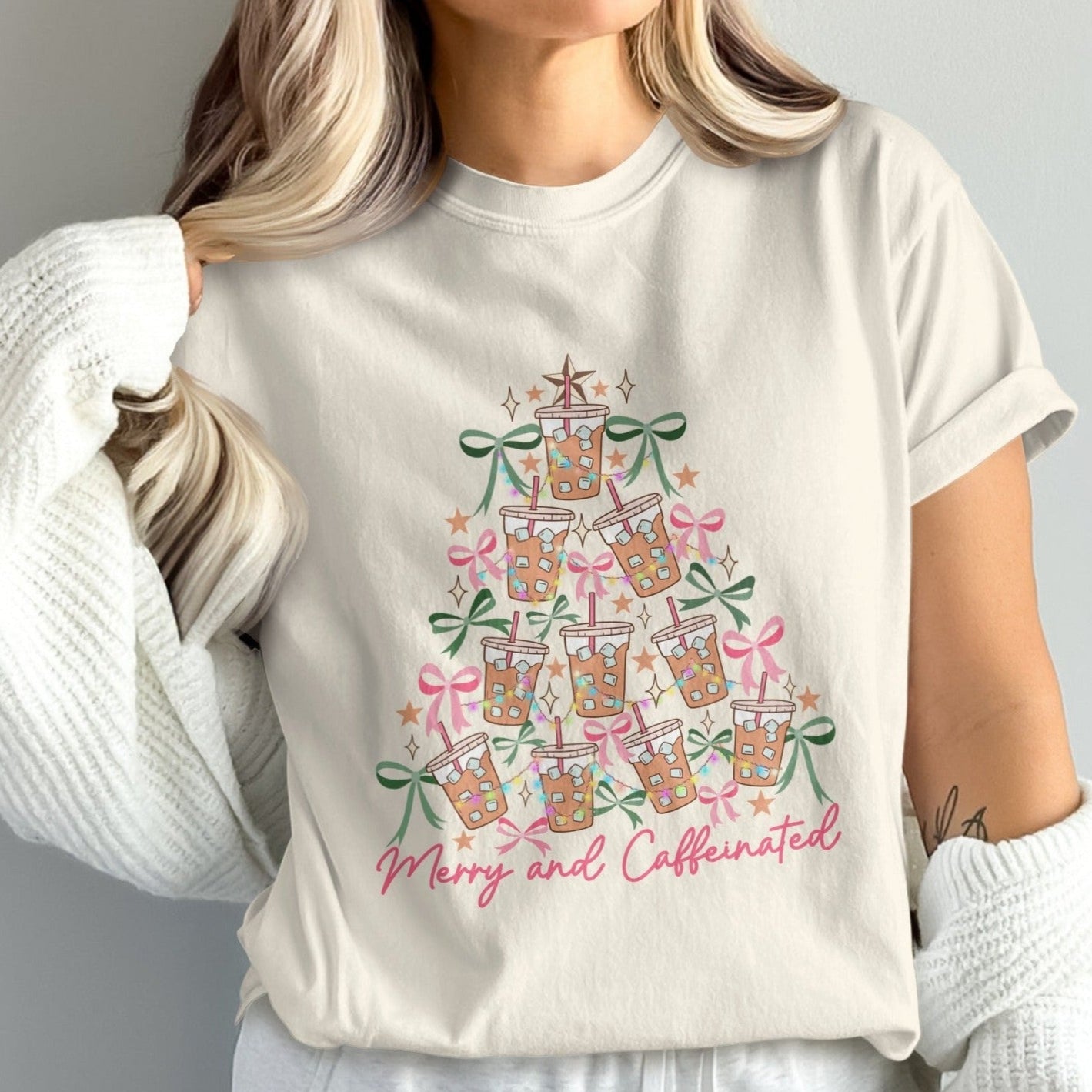 Merry and Caffeinated Holiday Tree T-Shirt product type