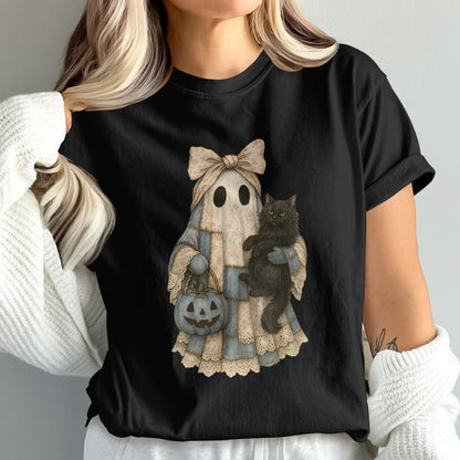 Retro Ghost with Cat Halloween Black Shirt product