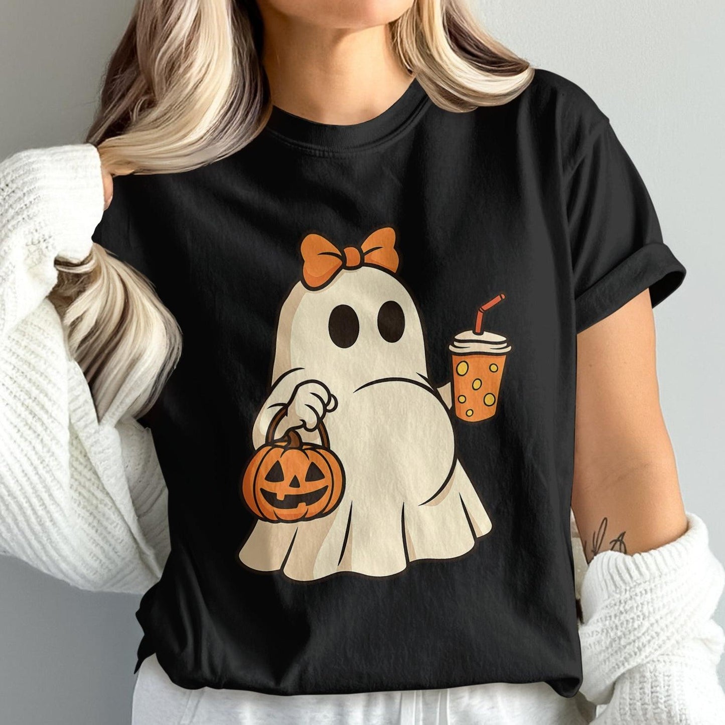 Cute Halloween Ghost with Pumpkin and Drink product type