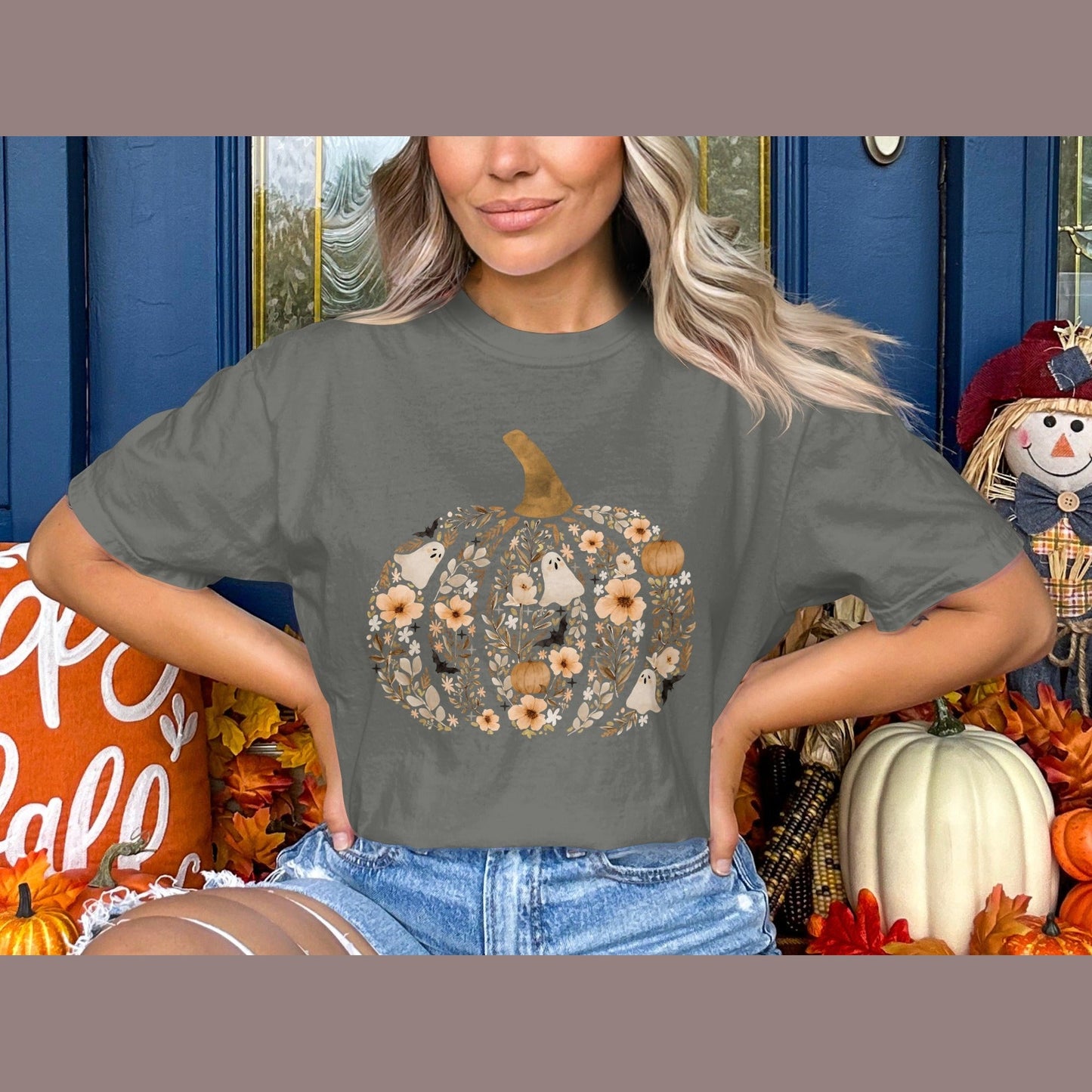 Fall Pumpkin Floral and Ghost Printed T-shirt product type